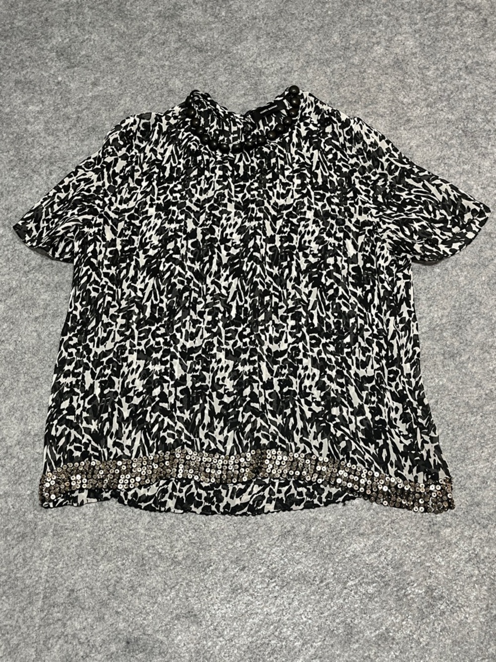 Isabel Marant Black & White Short Sleeve Animal Print Embellished Silk Blouse